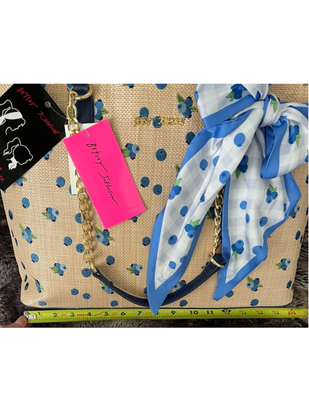 Women's Betsey Johnson Tote Bag One Size Beige Blue Blueberry Print - Picture 9 of 11